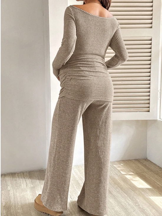 Maternity Wide Scoop Neck Ribbed Long Sleeve Top Wide Leg Pants Set - Picture 5 of 14